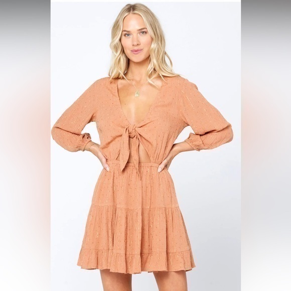 L*Space Stay Golden Lurex Long Sleeve Cutout Tie Front Mini Dress in Putty XS